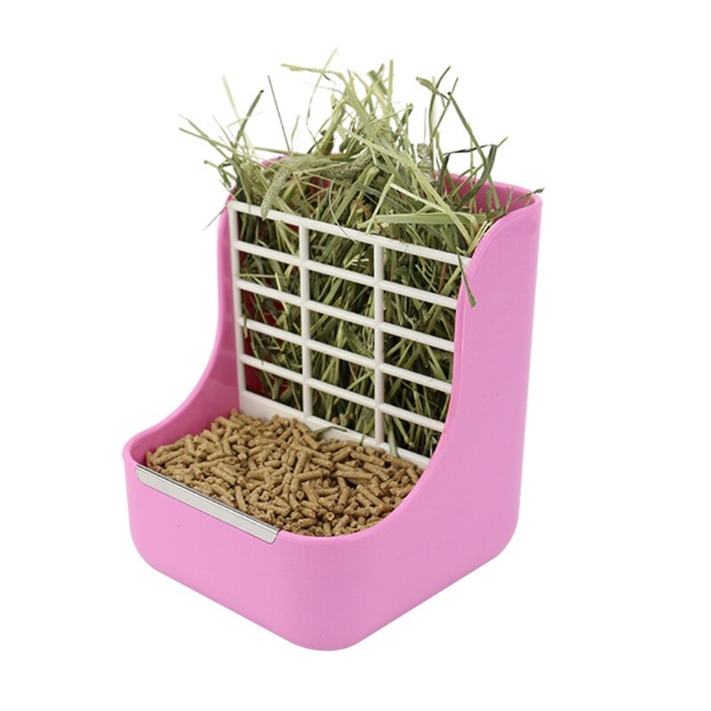 Alimentador de heno 2 en 1 para conejillo de indias, comedero de comida para Conejo, cuencos de alimentación, estante de pesebre para animales pequeños, accesorios de jaula: Pink