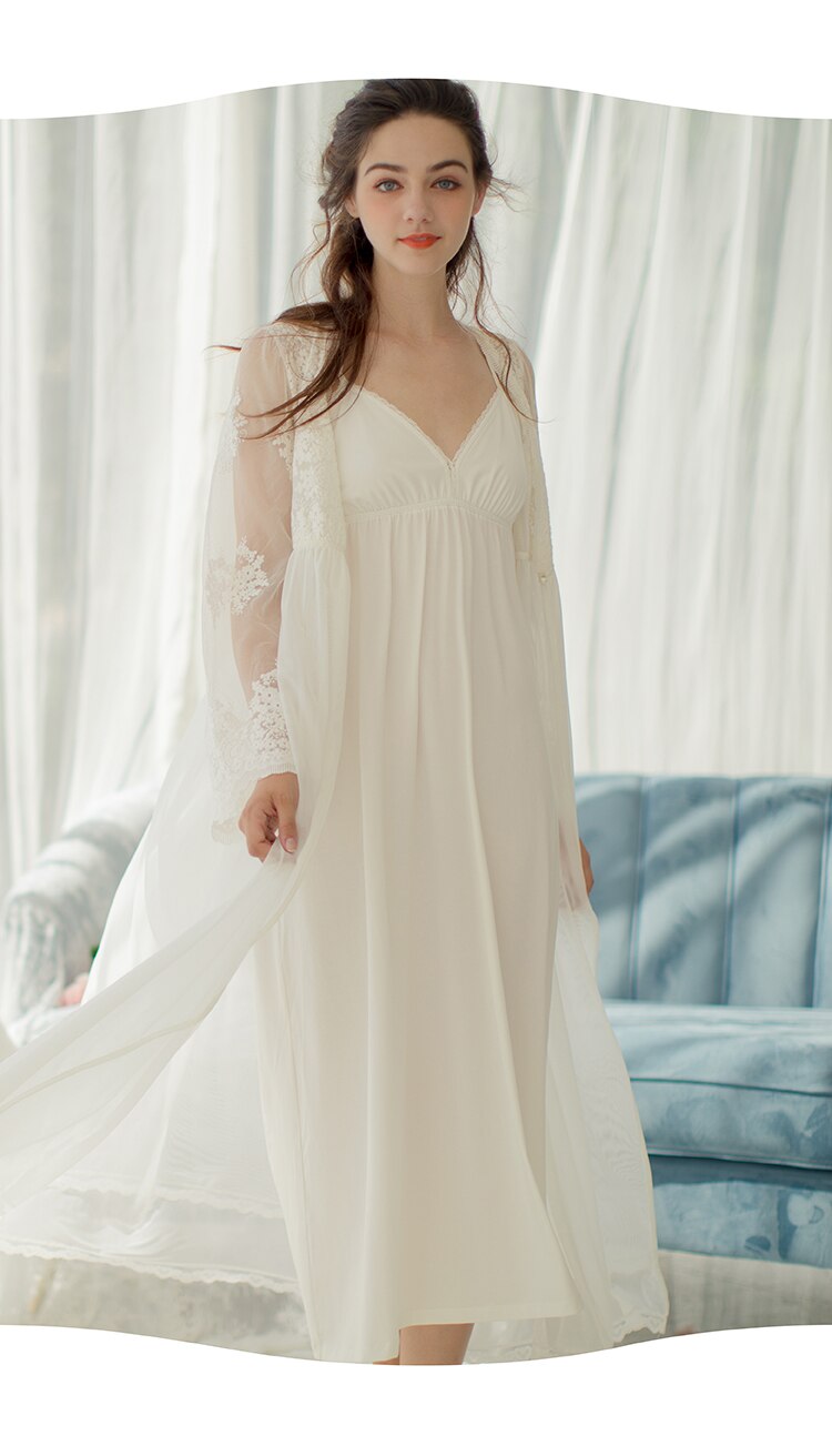 Long Embroidered Robe Lace Robe Fairy Long Robe Lady White Lace Embroide... – Grandado