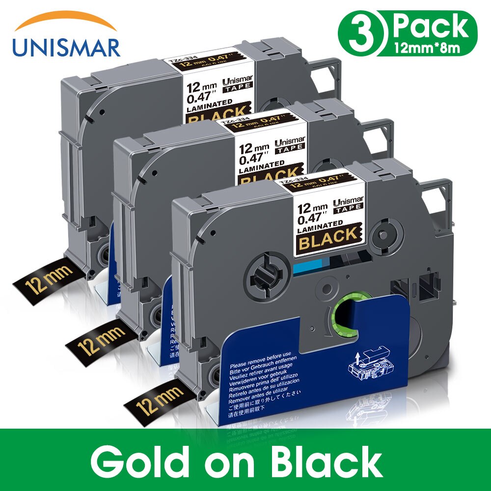 Unismar 3PK Black on White TZe-231 TZe231 Laminated Label Tape 12mm Printer Ribbon for Brother P-touch PT-1000 Label Maker: Gold on Black