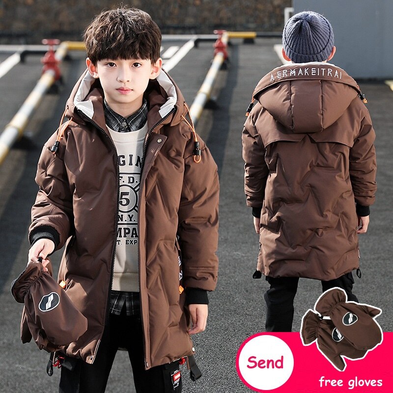 Jungen Winter Mäntel freundlicher knapp Mittel-Lange Starke Warme Hoodie Jacke Winddicht Kleidung Freies Handschuhe Art Mantel