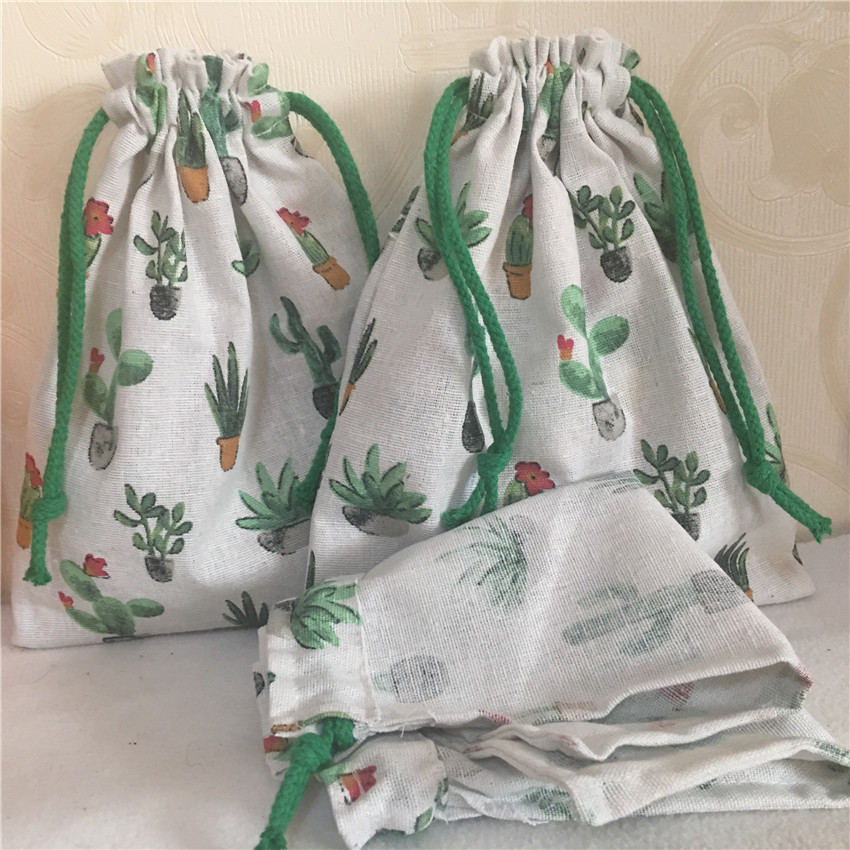 YILE 1pc Cotton Linen Drawstring Multi- Purpose Organizer Bag Green Flowering Cactus N8223 C S