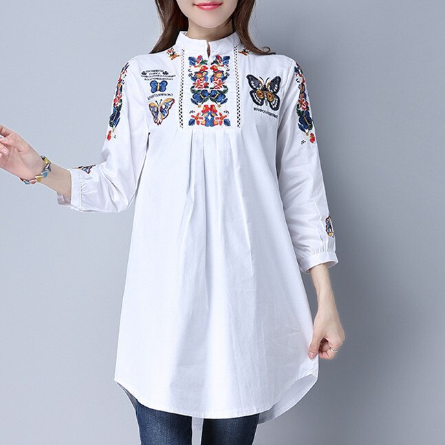 primavera mariposas Casual Camisa blanca suelta Vintage Ethnic camisas Tops blanco algodón bordado blusa Blusas Largas