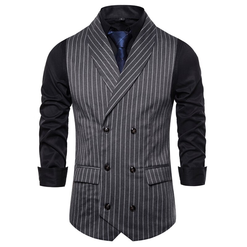 Verticaal gestreept dubbelrijs vest heren sjaalkraag slim fit gilet heren formeel zakelijk bruiloft chaleco hombre: Grijs / M