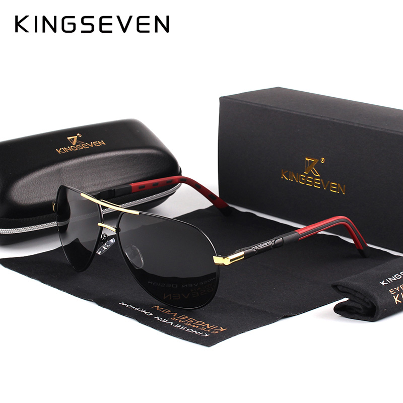 Kingseven mænd vintage aluminium polariserede solbriller klassisk mærke solbriller belægning linse drivende briller til mænd/kvinder: Guld sort