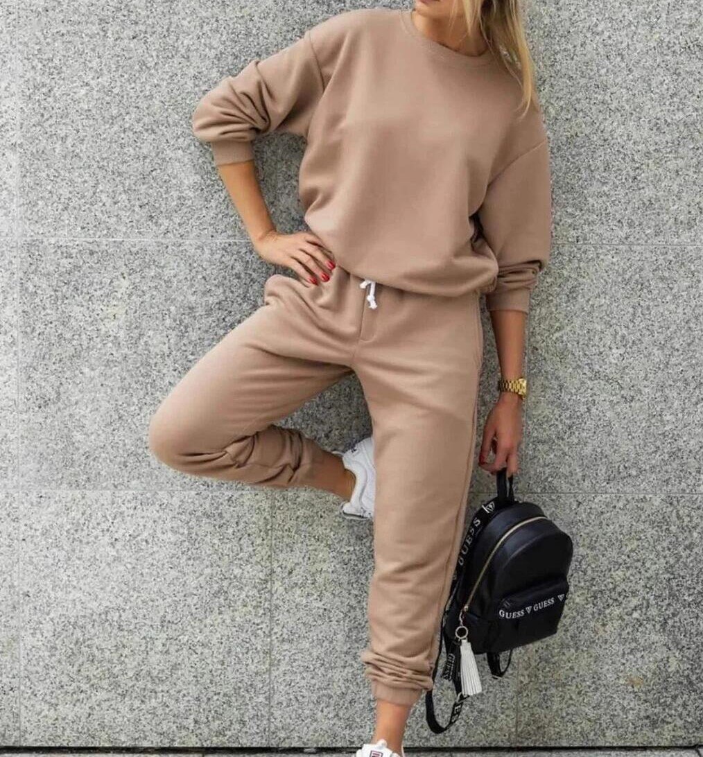 Casual Tracksuit Two Piece Set Women Tops and Pants Sports suit Autumn Women Cotton Solid Sweatpants Set Women Pullovers: coffee / M