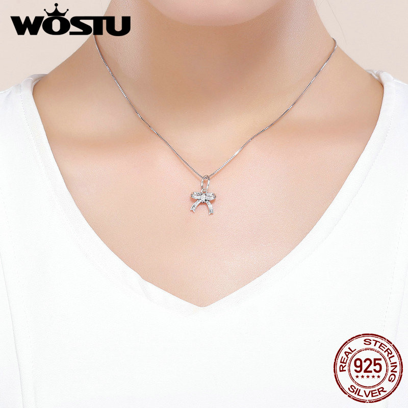 WOSTU Authentic 100% 925 Sterling Silver Bowknot Crystal CZ Pendant fit Original Bracelet Necklace Women Jewelry CQC775