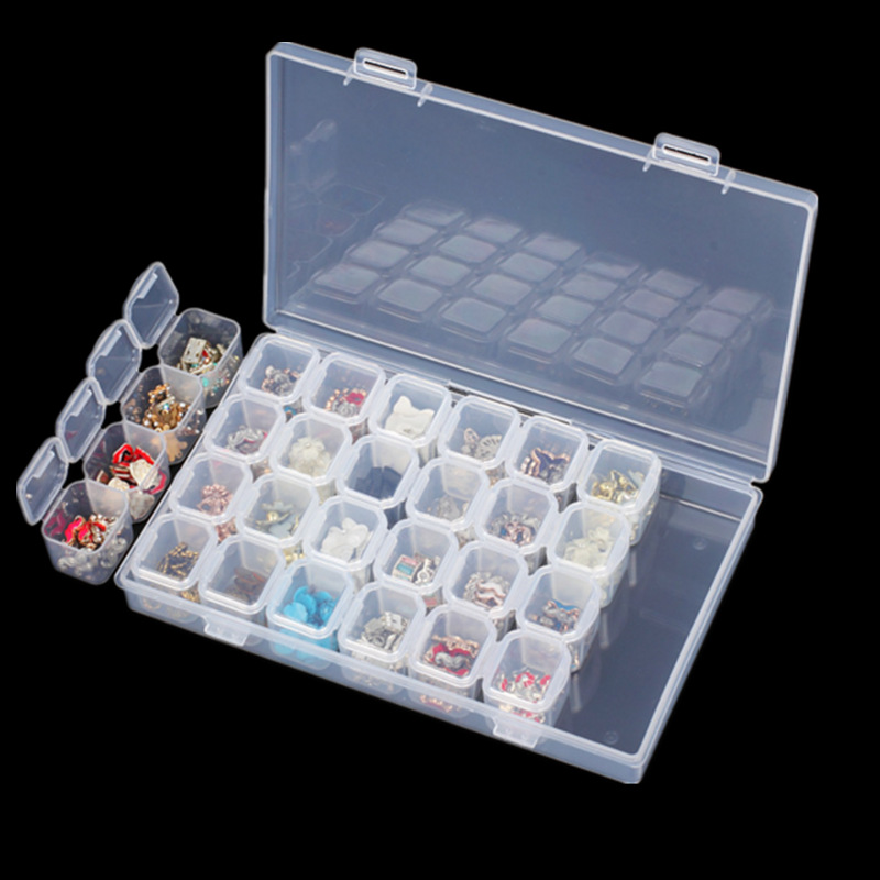 Cajas de almacenamiento de 28 rejillas, organizador de cuentas y joyas, accesorio para pintar con diamantes, caja de almacenamiento vacía de plástico transparente