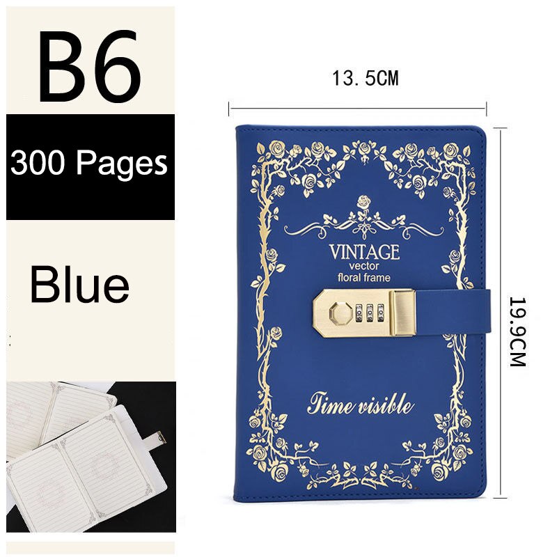 Password Lock Notebook A5 360 Pages Diary Notebook B6 300 Page Students Secretly Keep Notebook Diary Hand Ledger: B6 Blue