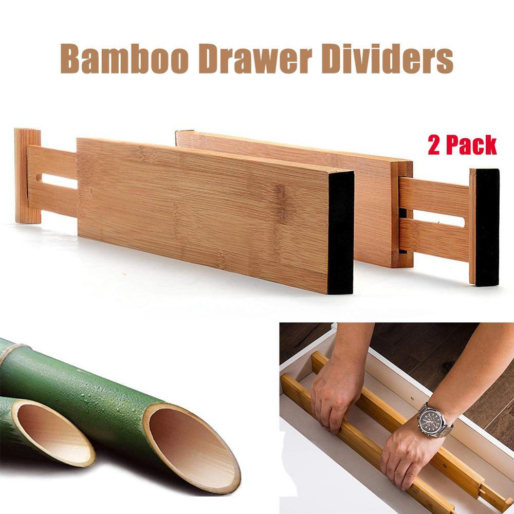 2 Pack Bamboo Drawer Dividers Expandable Drawer Organizers With Anti-Scratch Eva Foam Edges Drawer Organization Separators
