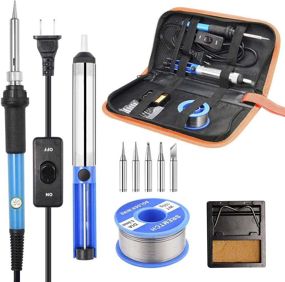 Soldering iron kit adjustable temperature 220V 60W solder welding tools Ceramic heater soldering tips Desoldering Pump: Blue / EU