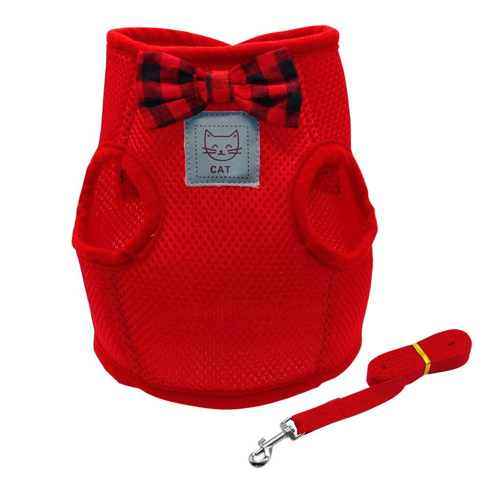 Mesh Bowtie Cat Harness and Leash Small Cat Walking Harness Pet Kitten Clothes Red Black: Red / M