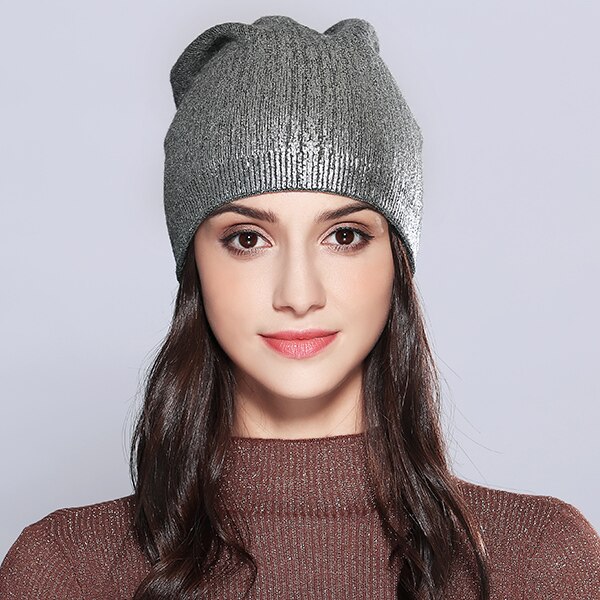 Vrouwen Hoeden Shining Wol Gebreide Herfst Winter Brand Hoed Vrouwelijke Skullies Mutsen Bonnet # MZ715: Donkergrijs