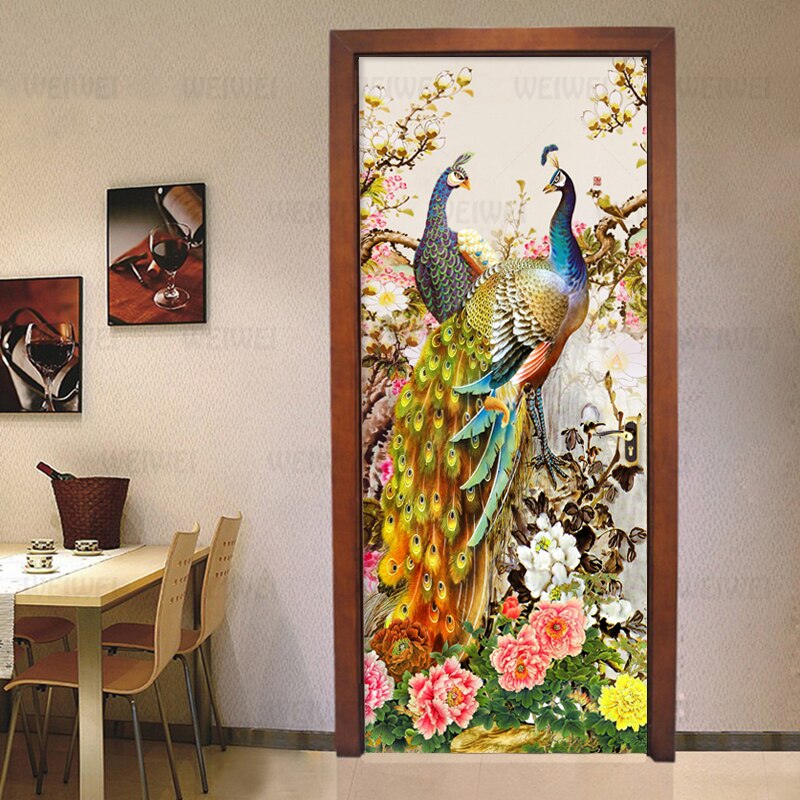 Chinese Style Door Sticker Romantic Peacock 3D Wallpaper Living Room Photo Wall PVC Waterproof Vinyl Mural Wall Paper Home Decor