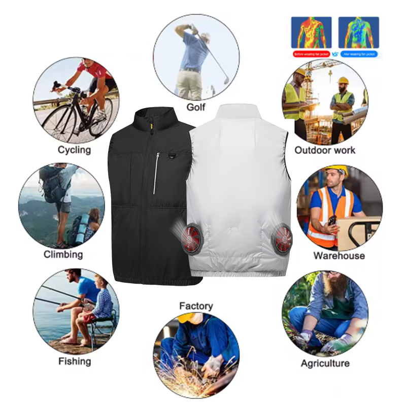 Zomer unisex koelvest tegen zonnesteek, ventilatorjack met opstaande kraag, werkkleding voor buitentaken, wegenadministratie en