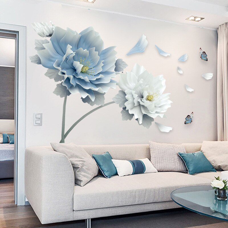 Grote Witte Blauwe Bloemen Muurstickers Lotus Vlinders Verwijderbare 3D Muurdecoraties Muurschildering Woonkamer Slaapkamer Decor