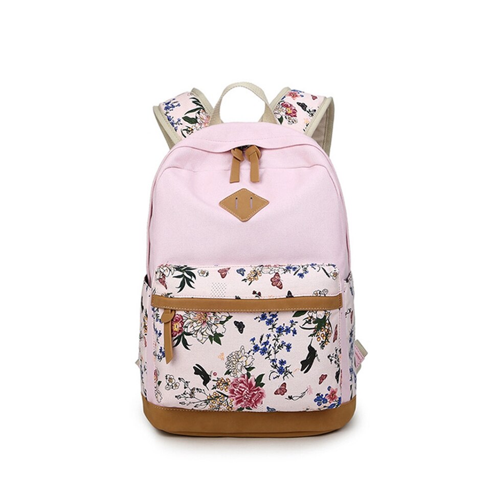 Vandtæt lærred bogtaske piger skole rygsæk sæt blomster søde skoletaske til 14 tommer bærbar rygsæk kvinder rejser dagtaske: Lyserød 1 stk