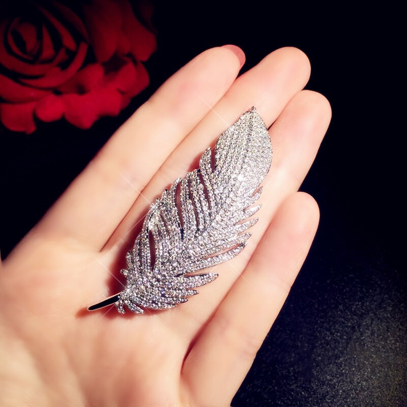 Luxury Brooches For Women Feather Cubic Zirconia Fine Jewelry Romantic Pin Accessories Simple Boutonniere