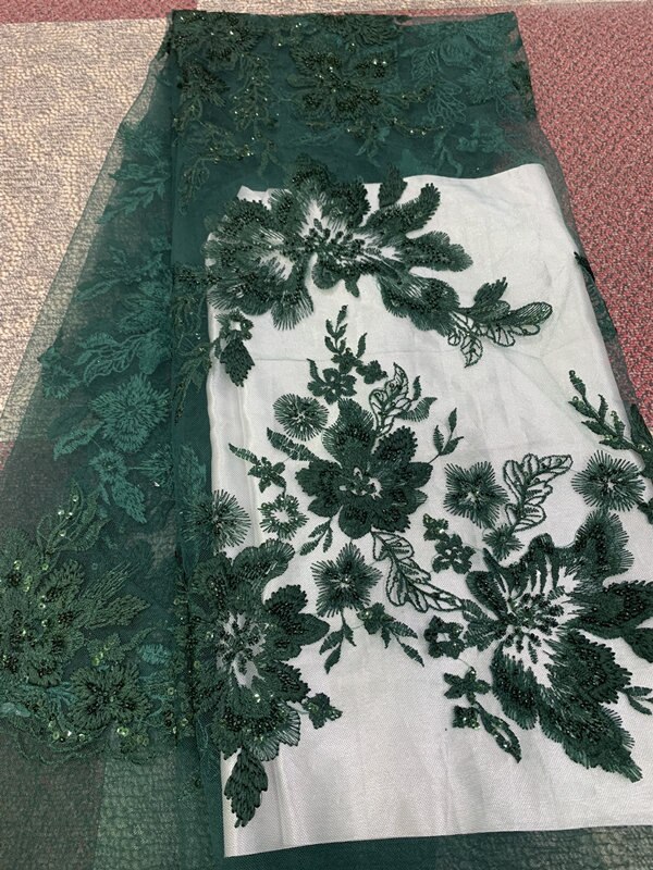 Tela de encaje de tul africano superventas , tela de encaje suizo con bordado de flores, tela de encaje nigeriano de con cuentas para novia: dark green