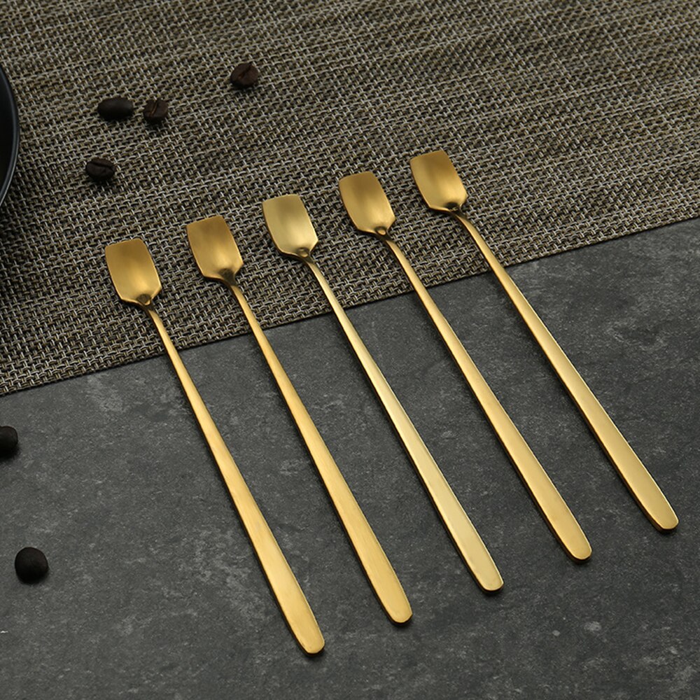 Cuchara de café dorada de acero inoxidable para postre, utensilios para beber con mango largo, utensilio de cocina, cuchara de café de