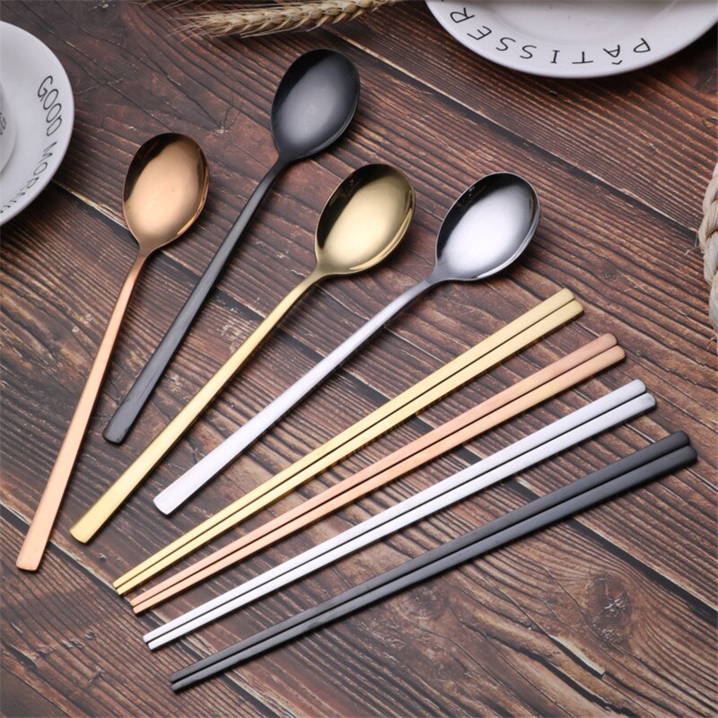 Korean Cuisine Spoon Chopsticks Tableware Stainless Steel Gold Silver Black Mirror Polished Titanium Round Solid Spoons