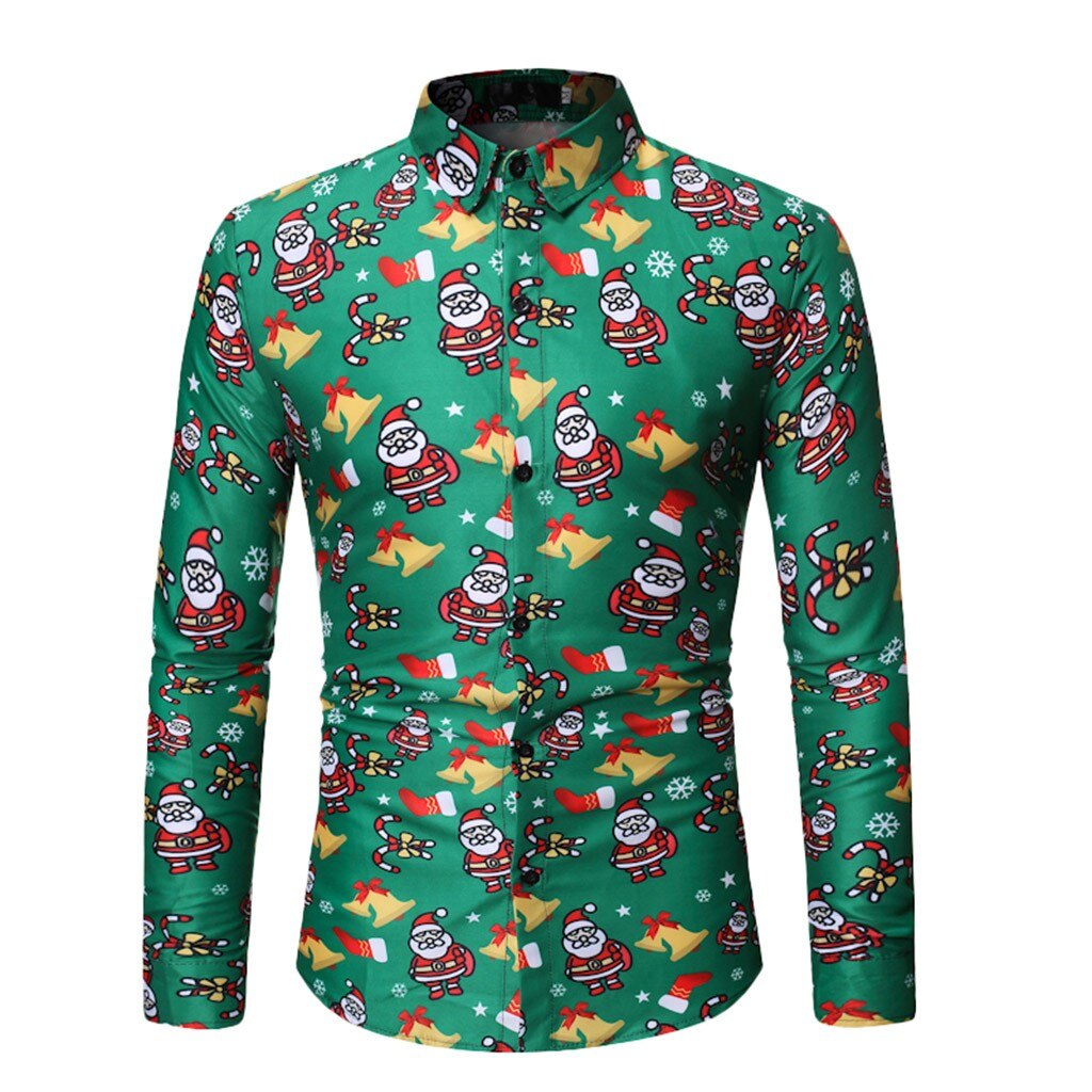 Feitong Kerstman Gedrukt Kerst Overhemd Mannen Toevallige Lange Mouwen Herfst Winter Groene Kerst Top Blouse Camisas Masculina: XXXL