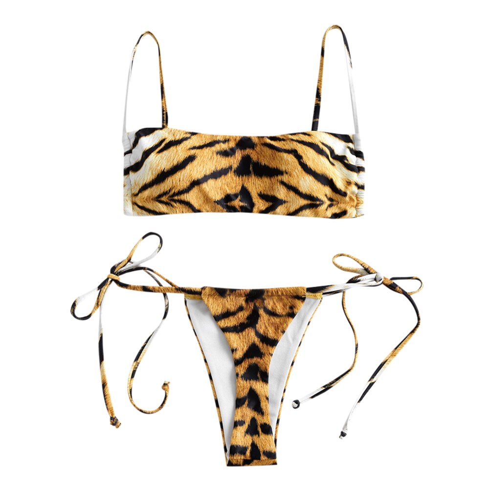 Zaful Gewatteerde Tijgerprint String Bikini Badmode Cami Animal Print Twee Stukken Badpak