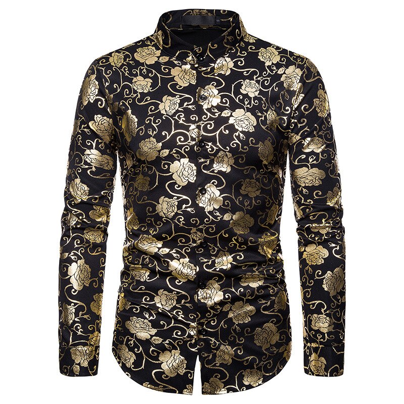 Ståkrage långärmade smokingskjortor för män bronzing printing klänning skjorta fullängdsärm toppar storlek s -2xl: Svart / Xxl