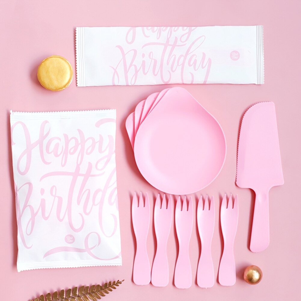 5 sets wegwerpservies voor bruiloften, verjaardagen, stevig, milieuvriendelijk, festival, vorksnijder, feestbord: Roze