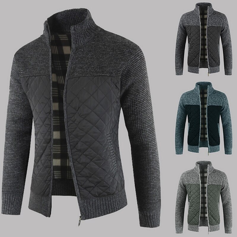 Fleecegenser for menn kåpe vinter tykk patchwork ull cardigan varm strikket genser jakker uformelle herreklær  xy108