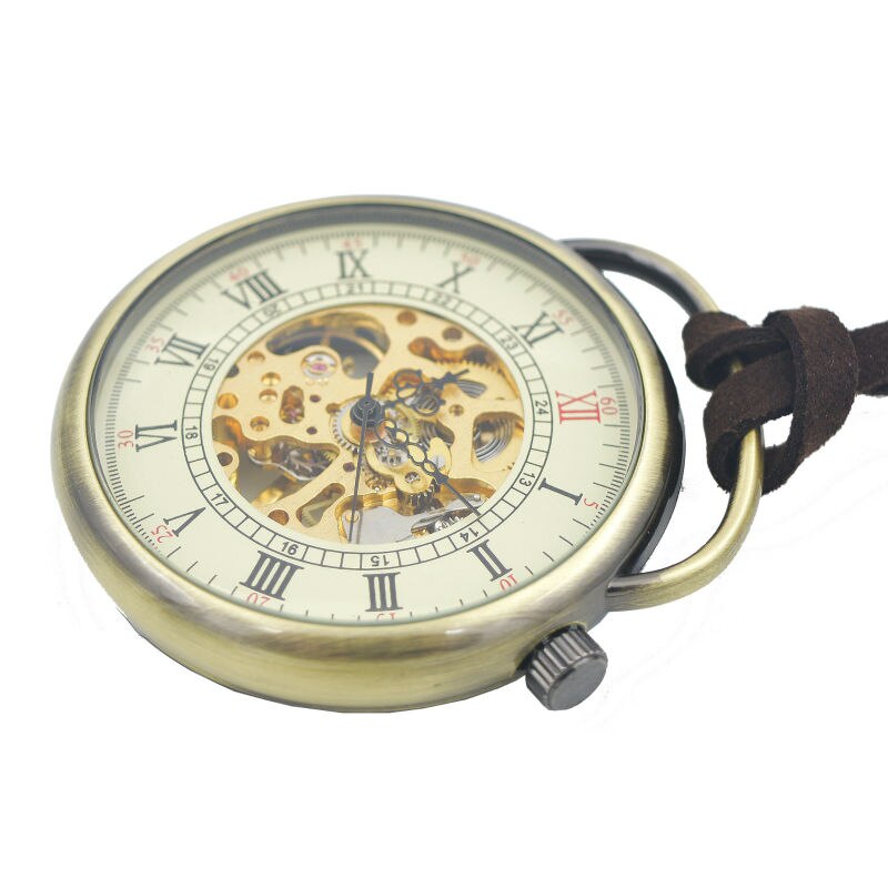 SHUHANG Mens Skeleton Zakhorloge Mechanische Beweging Hand Wind Romeinse Cijfers Vintage Stijl Reloj De Bolsillo