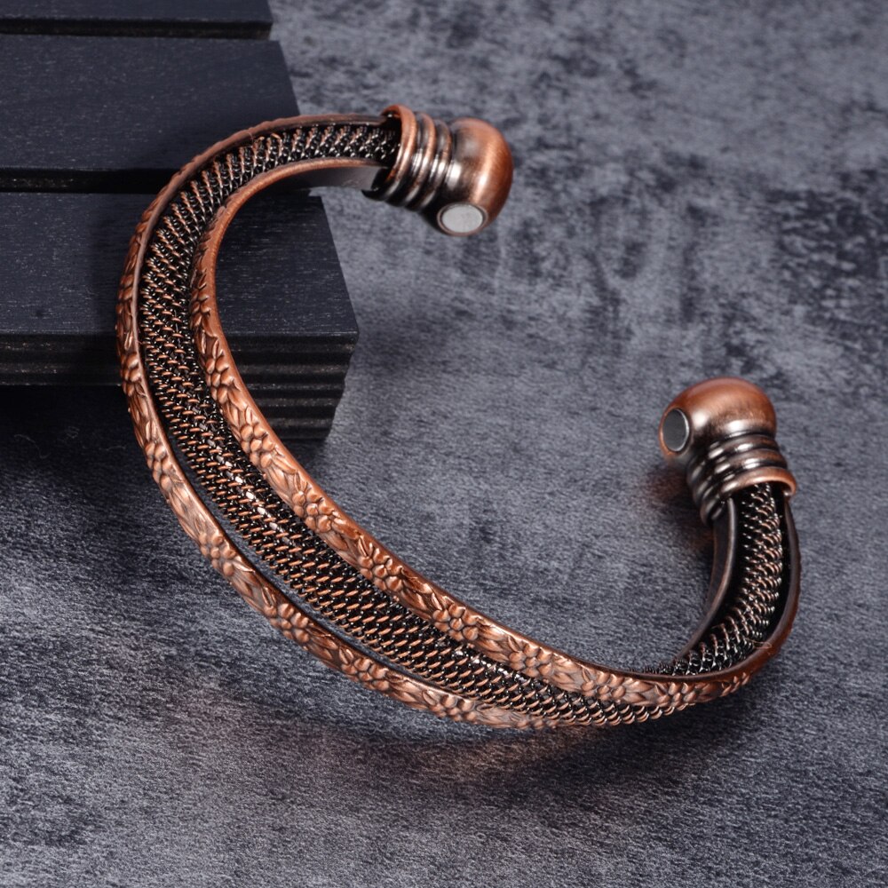 Pulseira de cobre puro torcido flores vintage magnéticas, bracelete de energia saudável, benefícios ajustáveis, pulseiras abertas para homens