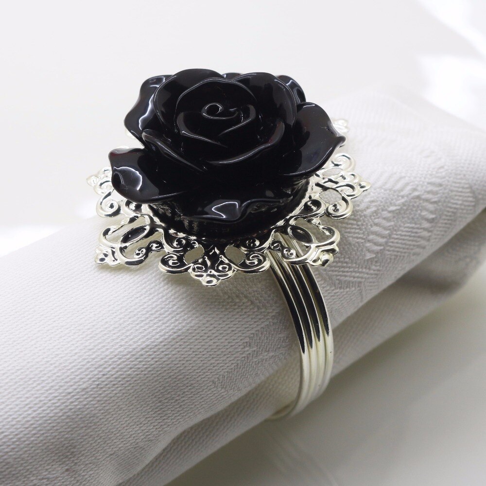 6 Pcs/ 10 Pcs Black Rose Servetring, Servet Gesp Voor Banket, Bruiloft, Etc., Tafel Decoratie, Zilver