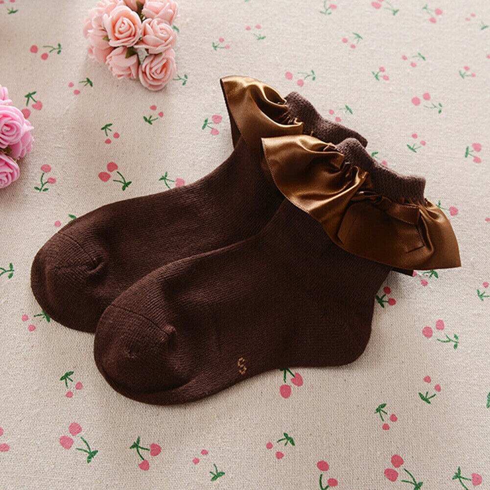 Baby Meisjes Kids Katoen Kant Ruche Strik Sokken Ademend Tutu Stroken Enkel Herfst Anti Slip Solid Novelty Accessoires 2-8Y: Coffee / 6T to 8T