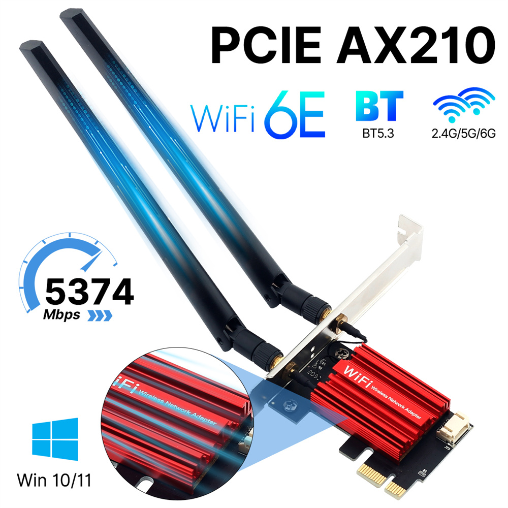 Pcie  ax210 network adapter  bt5.3 wifi 6e 5400 mbps 802.11ax wireless ethernet wifi card tri-band 2,4g/5g/6 ghz for windows 10 11: Default Title