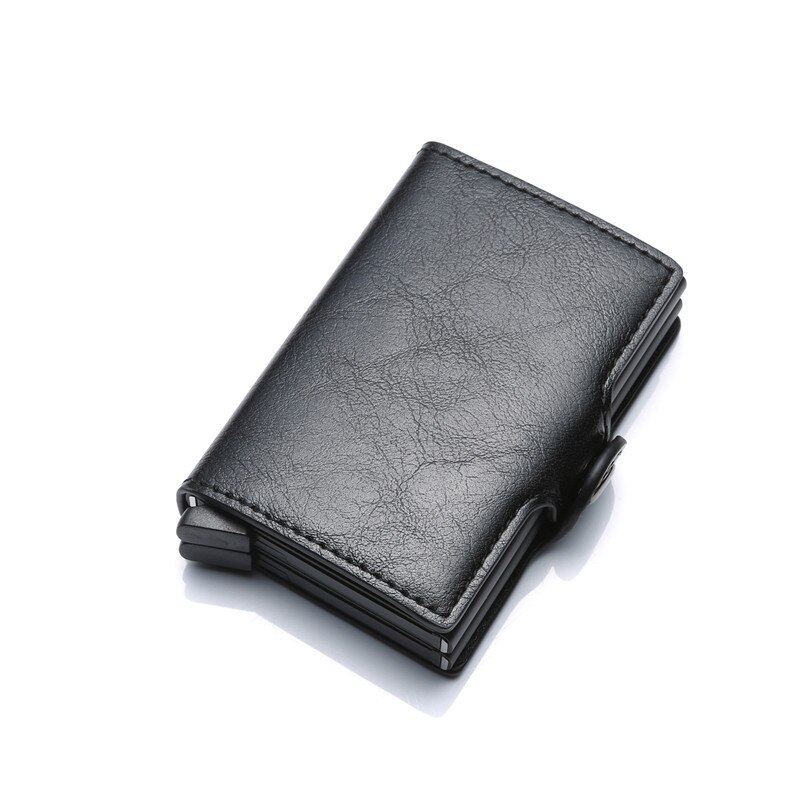 Dobbeltlag anti rfid mænd læder kreditkortholder metal id-kortholder aluminiumskortbeskyttelse mandlig rejsepung: Sort