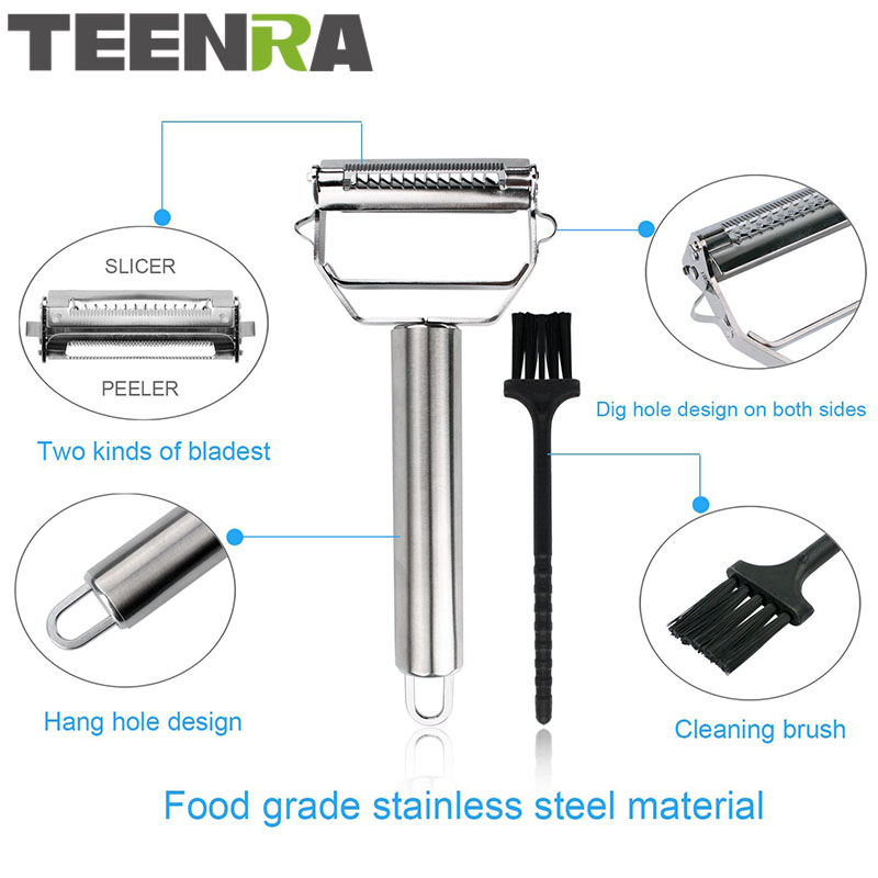Pelador de frutas TEENRA, 1 Uds., de acero inoxidable, corte en juliana, pelador de verduras, pelador de patatas, rebanador de frutas, melón, zanahoria, rallador, cortador de 3 espadas