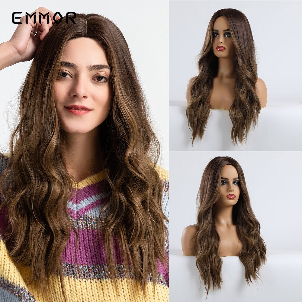 Emmor Long Brown Ombre Synthetic Wigs with Bangs Layered Wavy Heat Resistant Hair Cosplay Daily Use Wig for White Black Women: 179-1