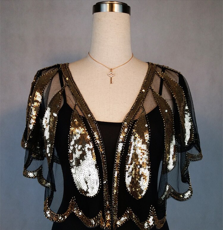 JaneVini Shiny Kralen Bruiloft Capes Schouderophalen Luxe Goud Zilver Pailletten Vrouwen Bolero Bridal Wrap Bruid Bolero Novia Cape Mariage: Black Gold