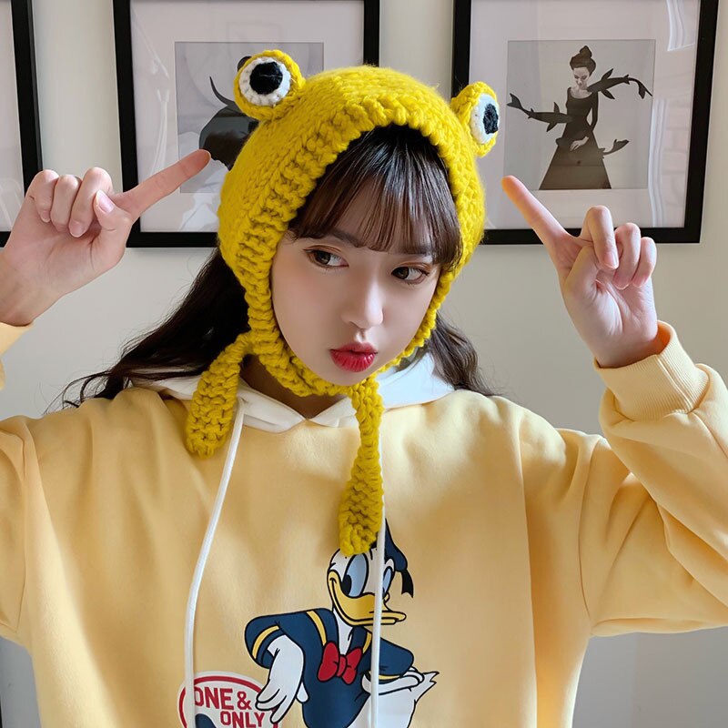 Cute Big Eyes Frog Hat Woman Woolen Knitted Hat Outdoor Hat Short Winter Children Long Hat Korean Student Hat Christmas