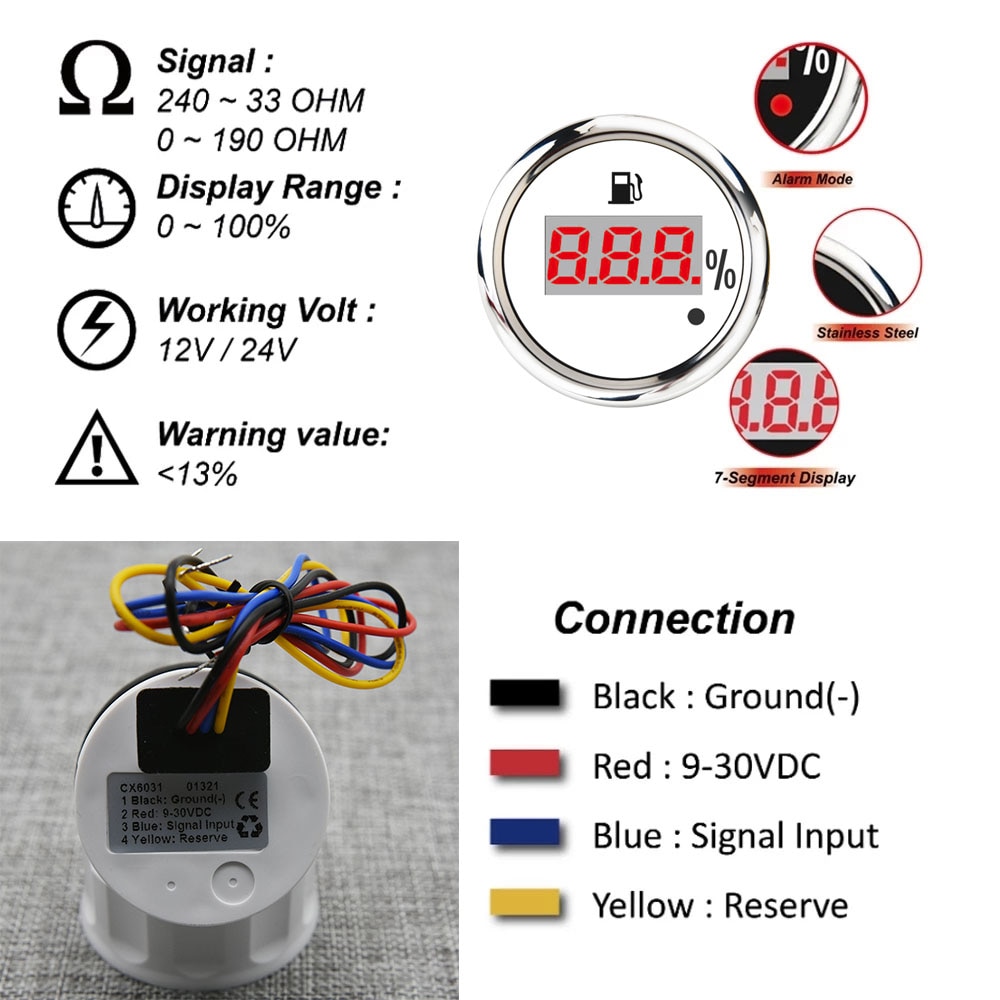 100% Digital 52MM Fuel Level Gauge Warning Light Oil Tank Indicator Marine Fuel Level Sensor 125mm 150mm 200mm 250mm 400mm 500mm