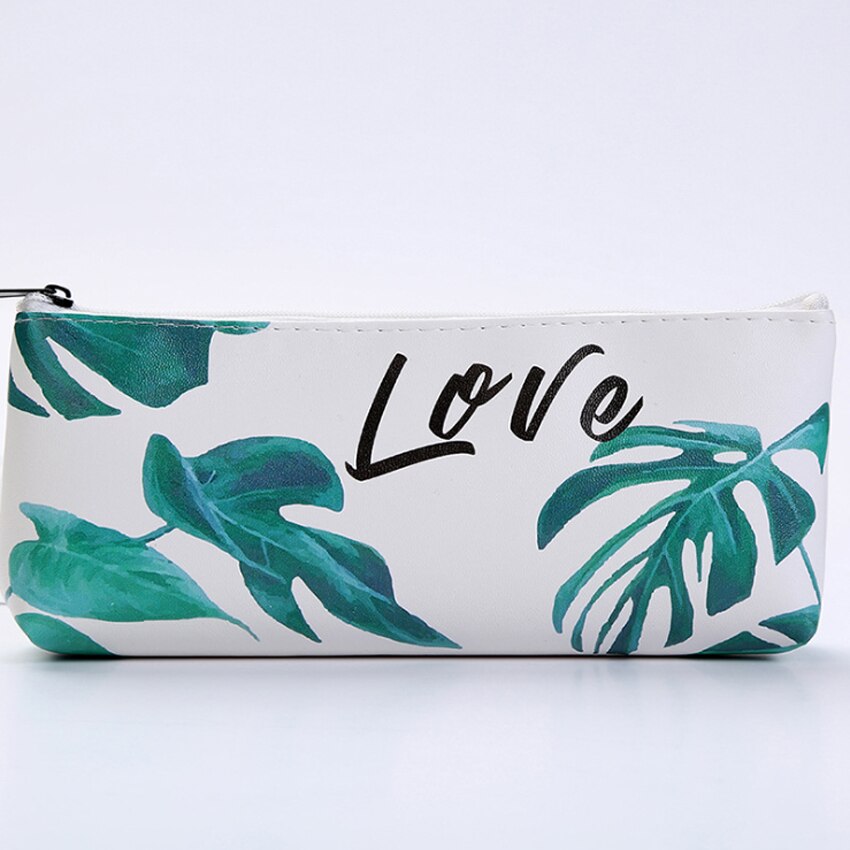 1Pcs/lot Lovely Small Fresh Leaves PU Pen box School Pencil Case Stationery Box Small Object Storage Bag: love