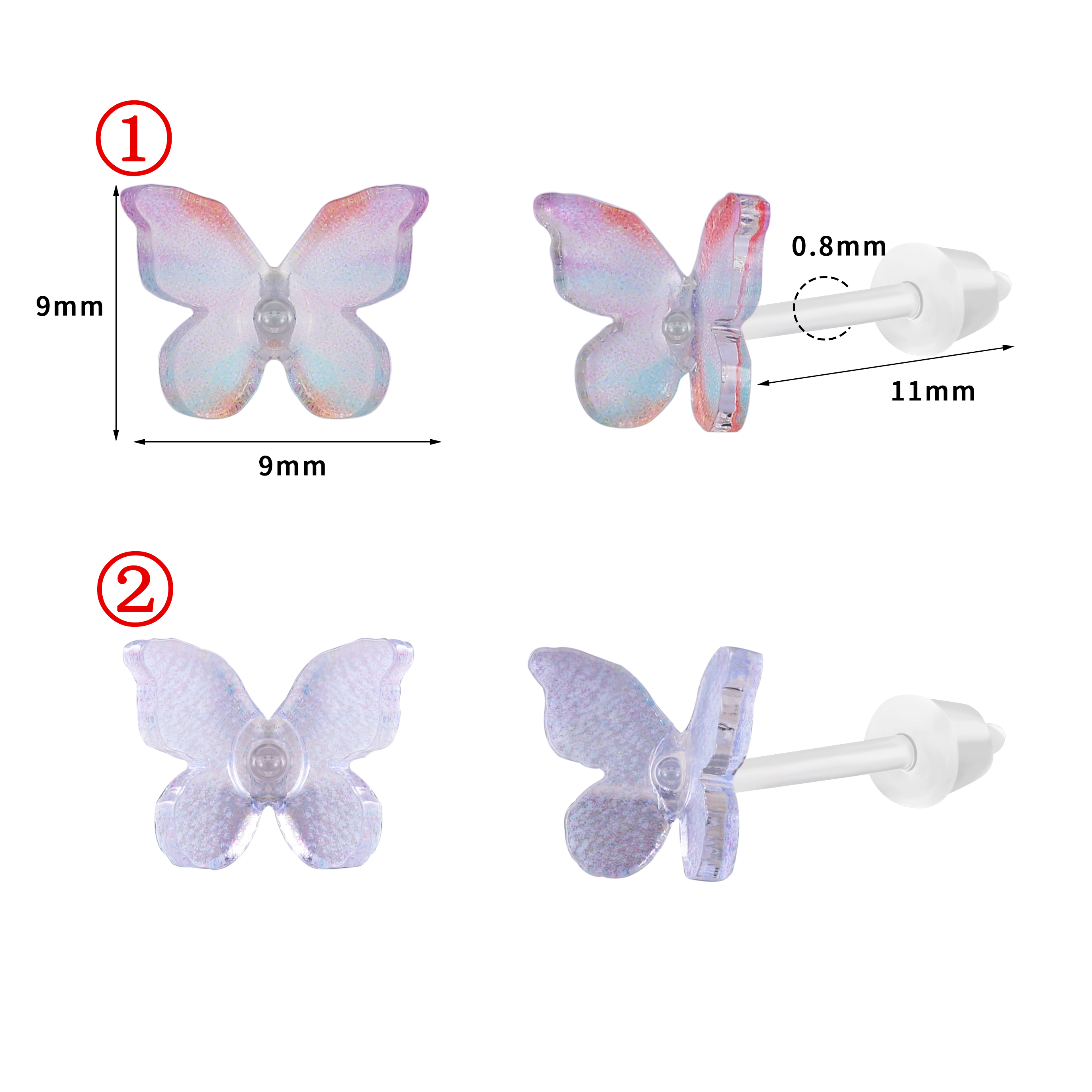 ZS 1 paire de boucles d'oreilles colorées en forme de papillon 20G boucles d'oreilles en acrylique Anti-allergie mignon oreille Cartilage Helix conque piercings: WHITE / Pistolet noir plaqué