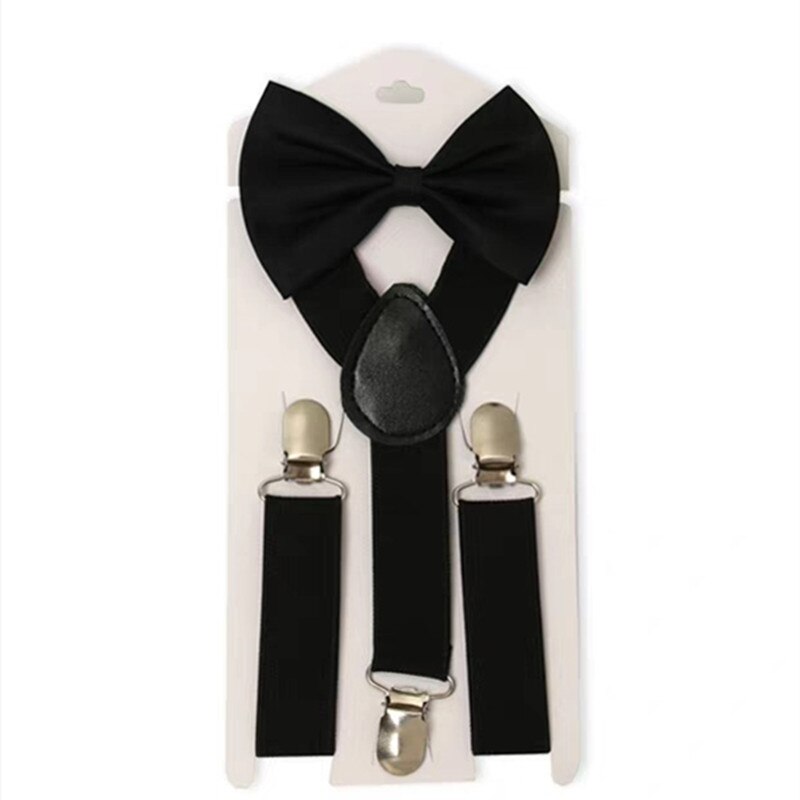Einfarbig Kinder Gürtel Bowtie Set Baby Jungen Mädchen Hosenträger Clip-on Y-Back Hosenträger Fliege Elastische kid Einstellbare Fliege Set: black