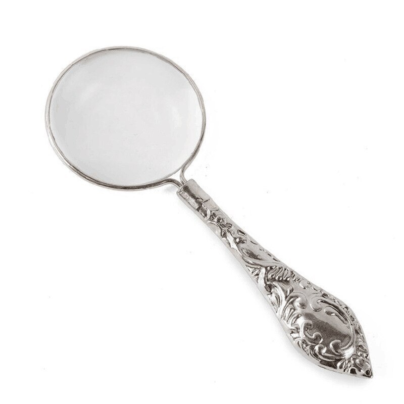 2 Colors European Delicate Pattern Handle Retro Glass Lens High-Grade Embossed Handle Reading Magnifying Glass Carved Magnifier: silver