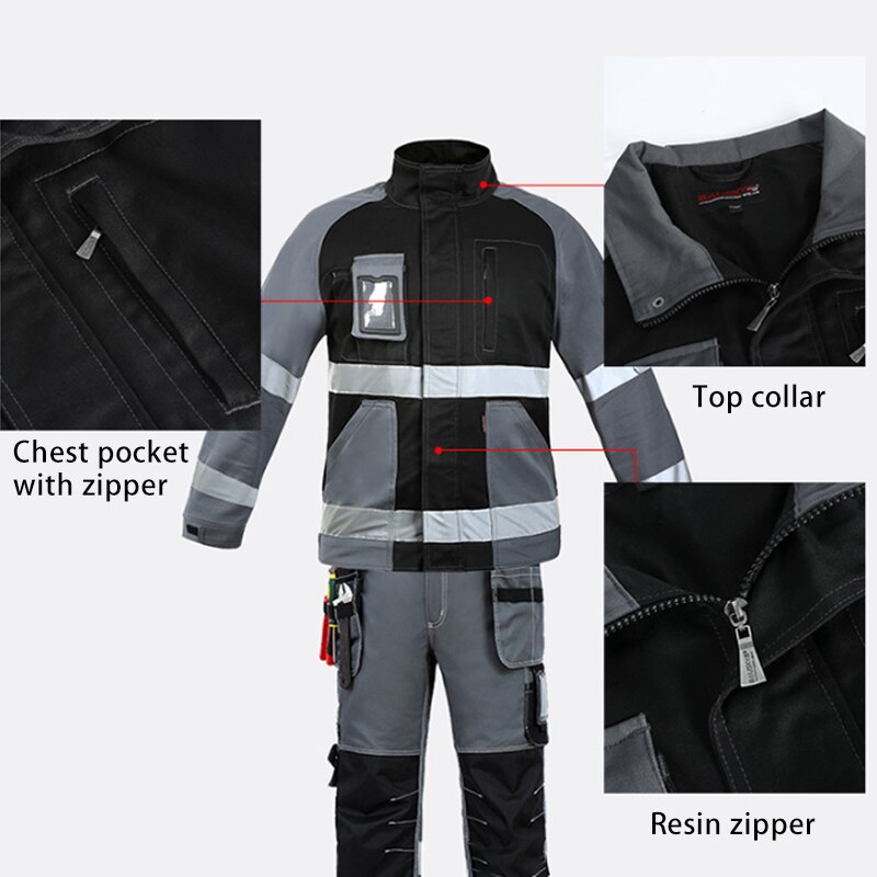 Bauskydd Men Work Jacket Reflective Stripes Black Gray Stitching Coveralls Outdoor Multi-pockets Workwear
