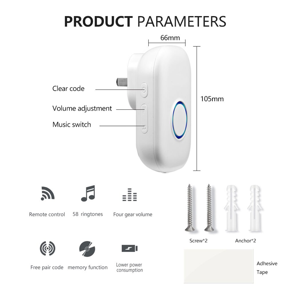 W101 Wireless Doorbell EU/US Plug Home Intelligent Door Bell 4 Levels Volume Adjustable Smart Door Ring 58 Chord Music Doorbell