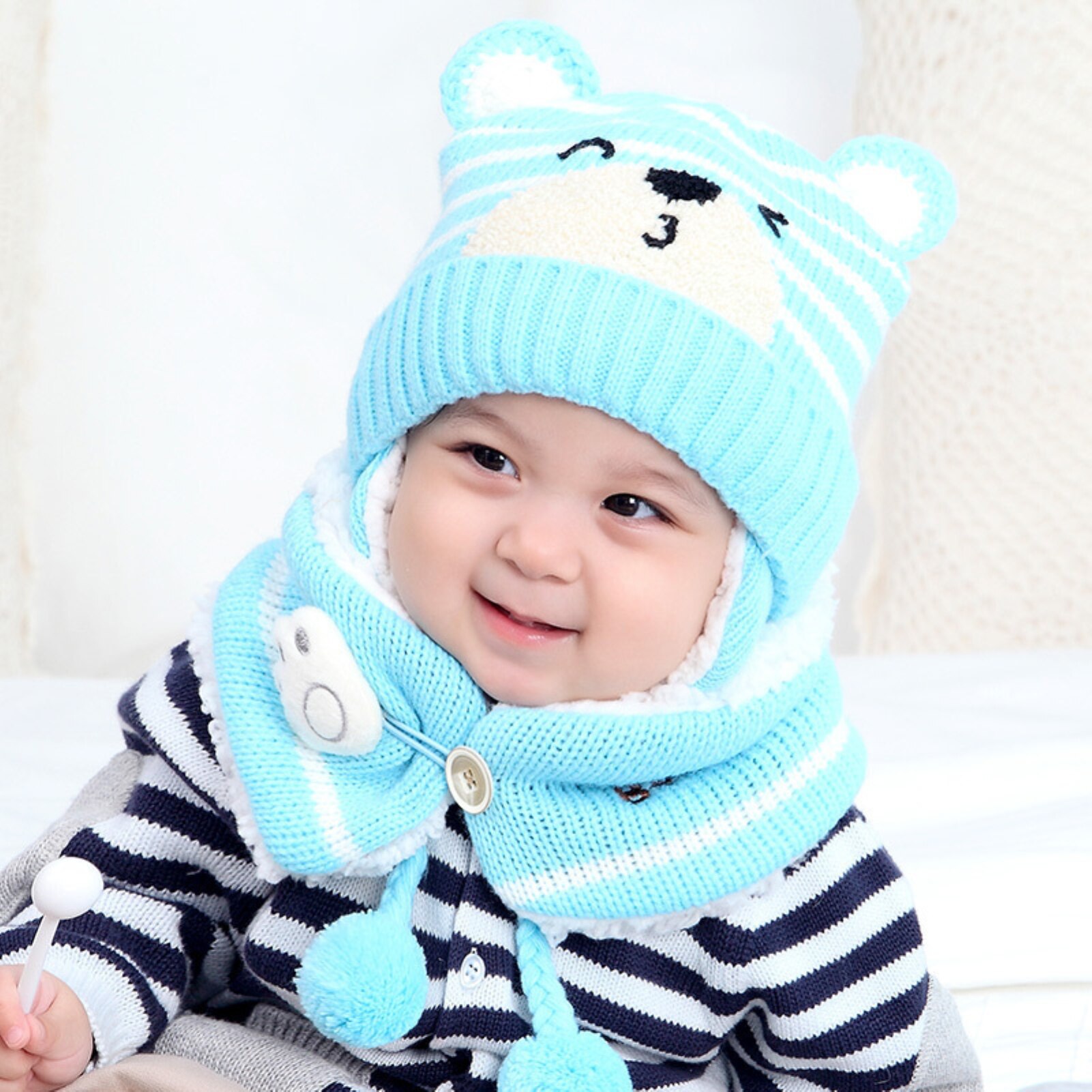 6M-34M Unisex invierno niños bebé niñas dibujo animado de oso para niños sombrero de punto a rayas gorro lana bufanda orejera mantener el conjunto para al aire libre