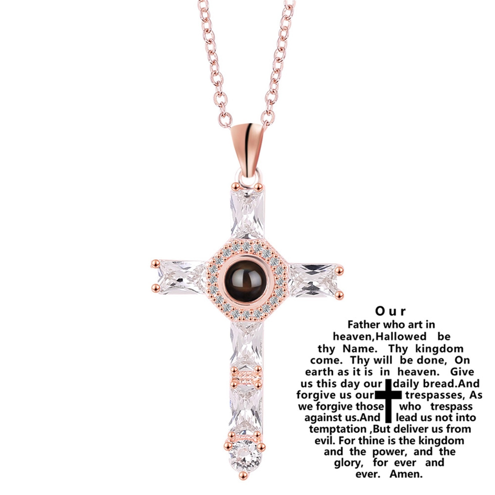 Christian Luxury Shiny Zircon Cross Necklace Rose Gold Color Pendant Necklaces Personality Piety Women Men Jewelry