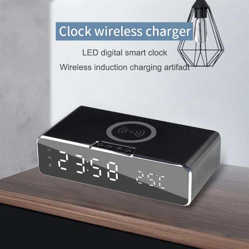 Electric Digital Alarm Clock With Phone Wireless Charger Desktop HD Clock Mirror Table Clock Date Thermometer Time Led Display