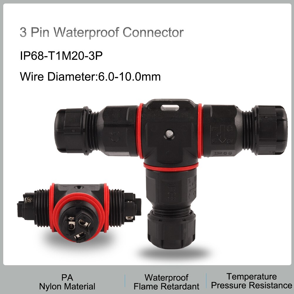 Conector a prueba de agua IP68, forma de E/S/T, 2/3/4/5 Pines, adaptador de Terminal eléctrico, conector de Cable para conexión de luz LED al aire libre: 3P M20 T Shape